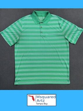 Nike Golf Dri Fit Polo Shirt Mens XL Green Striped Short Sleeve Performance